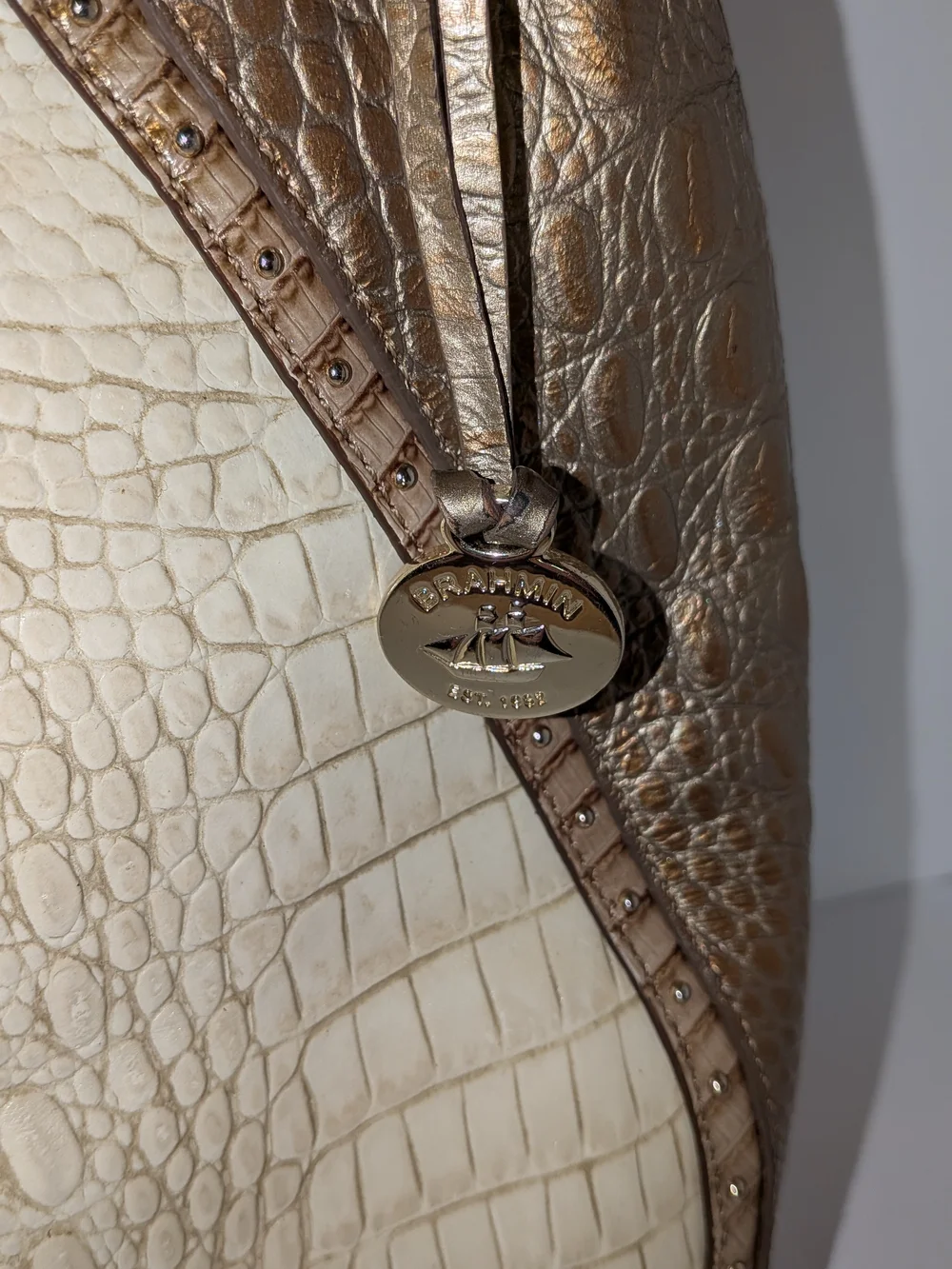 Brahmin Amira Hobo Shoulder Bag Leather Croc Embossed Champagne Koubba